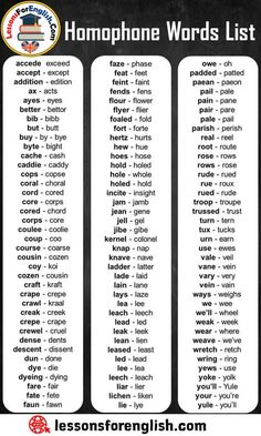 the homo phone words list is shown in black and white