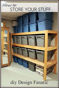 the shelves are filled with plastic buckets and bins for storing items or other things