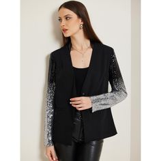 Introducing a stylish sequin sparkle sleeve blazer with 1 button, two pockets, PU splicing v-neck, sequin long sleeves, and flattering shoulder pads. This stunning blazer is designed to help you showcase your unique charm and add a touch of shimmer to your autumn and winter wardrobe. Perfect for a variety of occasions including parties, clubs, daily wear, dates, weekends, holidays, and even Halloween. This versatile piece pairs effortlessly with dresses, jeans, skirts, shoes, bags, and accessori Long Sleeve Sequined Blazer For Work, Sequined Workwear Blazer, Fall Contrast Sequin Long Sleeve Blazer, Fall Long Sleeve Blazer With Contrast Sequin, Fall Workwear Blazer With Sequins, Fall V-neck Party Blazer, Long Sleeve Blazer With Contrast Sequin For Night Out, Fitted Blazer With Contrast Sequin For Fall, Fitted Long Sleeve Blazer With Contrast Sequin