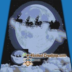 a cross stitch christmas scene with santa's sleigh flying over the moon