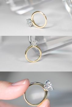 three different views of an engagement ring with two diamonds on the top, and one in the middle