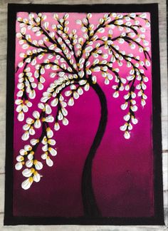 a painting of a tree with lots of white flowers painted on it's branches