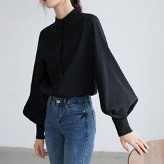 Big Lantern Sleeve Stand Collar Single Breasted Blouse Office Fashion For Women | eBay Big Lantern, Collar Shirts Women, Full Sleeve Blouse, Stand Collar Shirt, Lantern Sleeve Top, Mode Hippie, Black Blouse Women, Lantern Sleeved Blouses, Womens Clothing Patterns