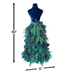 a dress made out of green and purple feathers