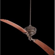 a ceiling fan with two wooden blades and a light fixture on the top of it