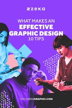 two people looking at something on a purple background with the words, what makes an effective graphic design 10 tips