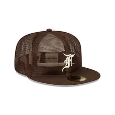 The Fear of God Essential Full Mesh Brown 59FIFTY Fitted Cap features an allover mesh crown with an embroidered Fear of God logo at the front panels, an MLB Batterman logo at the rear, and a green undervisor. Mesh Baseball Cap With Flat Brim, Mesh Flat Brim Baseball Cap, Sports Mesh Baseball Cap With Flat Brim, Mesh Snapback Hat For Baseball Season Streetwear, Mesh Snapback Visor Hat For Baseball Season, Mesh Visor Snapback Hat For Baseball Season, Breathable Mesh Baseball Cap With Flat Brim, Mesh Flat Brim Baseball Cap For Sports, Streetwear Flat Bill Hat With Mesh Back