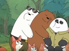 an animated image of two bears and several cats