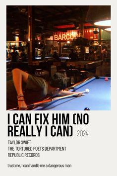 a man laying on top of a pool table in front of a neon sign that says i can fix him no really