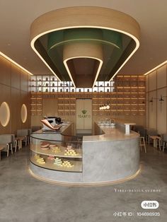 the inside of a restaurant with many tables and stools in front of shelves filled with donuts