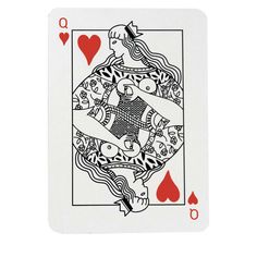 the queen of hearts playing card is shown in black and white, with red accents