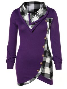 Skew Button Plaid Spliced Plus Size T-shirt - Purple Iris - 4D45380943 - Women's Clothing, Plus Size Women's Clothing  #PlusSizeWomensClothing #Women's #Clothing # #Plus #Size #Women's #Clothing Plus Size Tips, Purple Iris, Plus Size T Shirt, Clothing Plus Size, Trendy Plus Size Clothing, Plus Size Womens Clothing, Plus Size T Shirts, Edgy Fashion, Plus Size Dresses