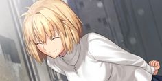 an anime character with blonde hair wearing a white shirt