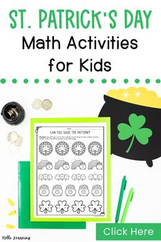 st patrick's day math activities for kids with shamrocks and coins on the table