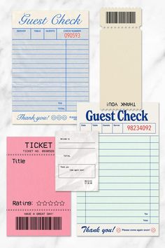 three different types of check cards on a white marble background with the words guest check written in blue and pink