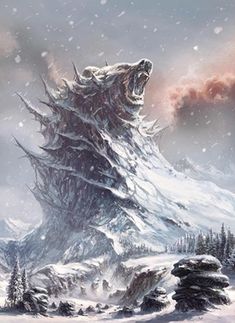 a large bear standing on top of a snow covered mountain in the middle of winter