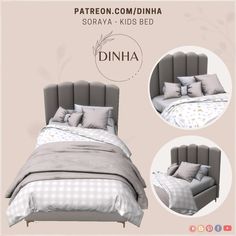 an image of a bed with pillows and blankets on it's headboard in three different positions