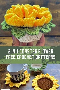 two crocheted flowers are shown with the text, 2 in 1 coaster flower free crochet patterns