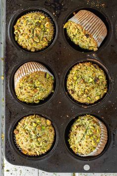 an overhead view of muffins in a baking pan