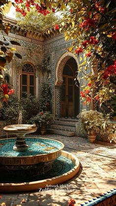 an outdoor fountain surrounded by potted plants