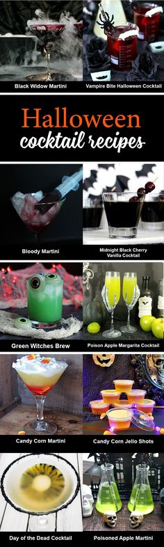 halloween cocktails and drinks are shown in this collage with the names on them