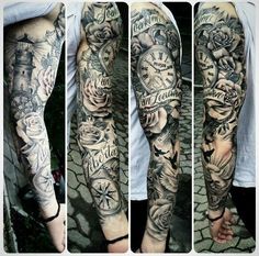 tattoos on the arm and leg of a man with flowers, roses and clocks in it