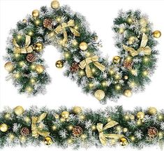 a christmas wreath with gold ornaments and bows