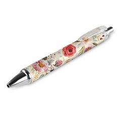 a pen with flowers on it sitting on top of a white surface