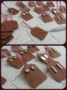 several different pictures of brown tags with pink ribbons and silver buttons on them, all hanging from clothes pins