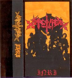 an album cover with black and red writing on the front, featuring images of men in silhouette