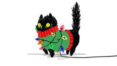 a black cat in a red sweater carrying a christmas tree