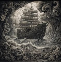 a pirate ship in the middle of an ocean with skulls around it and skull heads