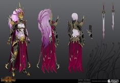 the concept art for an animated game character is shown in purple and gold, with long hair