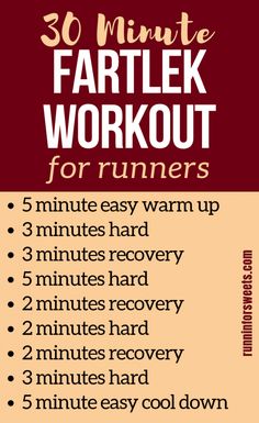 the 30 minute fartlek workout for runners is shown in red and yellow with instructions to