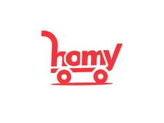 the word'homy'written in red on a white background with a toy car behind it