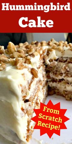 a close up of a slice of cake on a plate with the words hummingbird cake