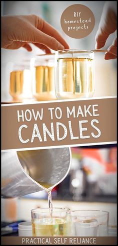 the cover of how to make candles by practical self reliance, with two hands pouring liquid into jars