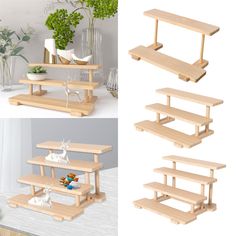 there are three wooden shelves on each shelf