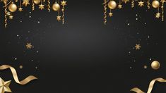 a black and gold christmas background with stars, snowflakes, ribbons and decorations