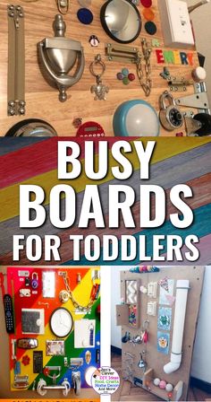 the cover of busy boards for toddlers is shown with pictures of toys and magnets