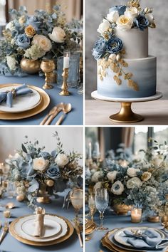 wedding cake with blue and white flowers on the top, gold plated place settings