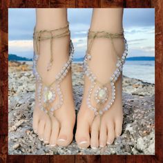 These handmade barefoot sandals are made from knotted natural hemp with rainbow opalite stone (manmade opal) and gold acrylic beads. The large center beads are made of faceted frosted glass. The toe strap and ankle ties are braided for extra durability. These sandals have 16-inch long ties that wrap around the ankle and can be adjusted to fit all adult sizes. These woven barefoot sandals are one-of-a kind and the photos are of the exact item for sale.  They are designed to be adjustable to fit m Handmade Bohemian Barefoot Sandals For Beach Wedding, Beaded Toe Ring Barefoot Sandals For Beach, Adjustable Barefoot Sandals For Beach Season Gift, Adjustable Beaded Barefoot Sandals For Beach Wedding, Handmade Barefoot Sandals For Beach Season, Handmade Bohemian Sandals For Beach Wedding, Bohemian Barefoot Sandals For Beach Wedding, Bohemian Handmade Sandals For Beach Wedding, Bohemian Toe Ring Barefoot Sandals For Beach Wedding