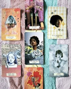 several cards with pictures of women on them