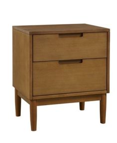 a wooden nightstand with two drawers on one side and an open drawer on the other