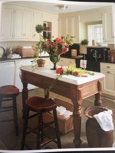 a kitchen with white cabinets and wooden stools