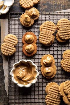 peanut butter cookies on a cooling rack with icing