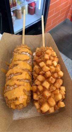 two different types of food sitting in a box