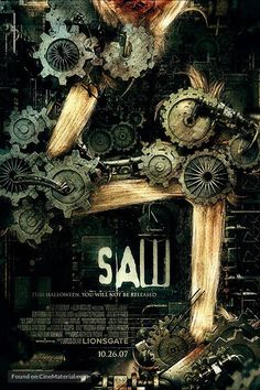 the poster for sawi is shown with an image of gears and chains on it