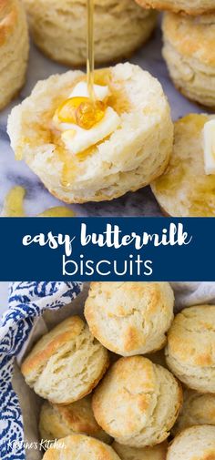 easy buttermilk biscuits with honey being drizzled on top and in the middle