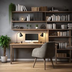 a desk with a computer on it in front of a bookshelf